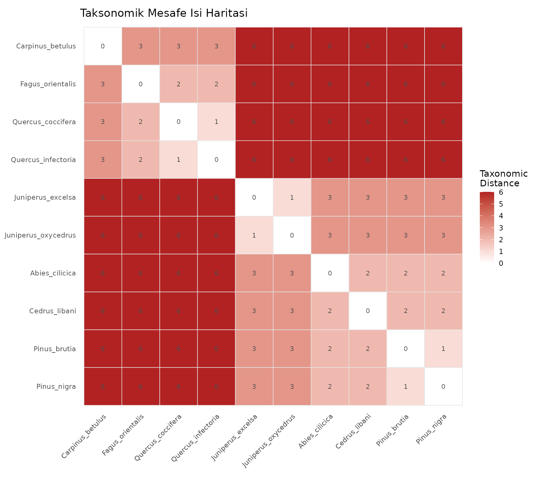 Turler arasi taksonomik mesafeleri gosteren isi haritasi